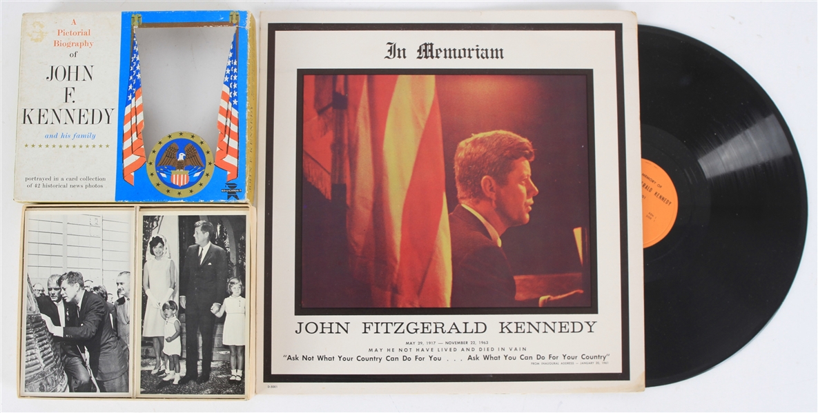 1963 John F. Kennedy 35th President of the United States Memorabilia - Lot of 2 w/ In Memoriam Record Album & Pictorial Biography Card Set