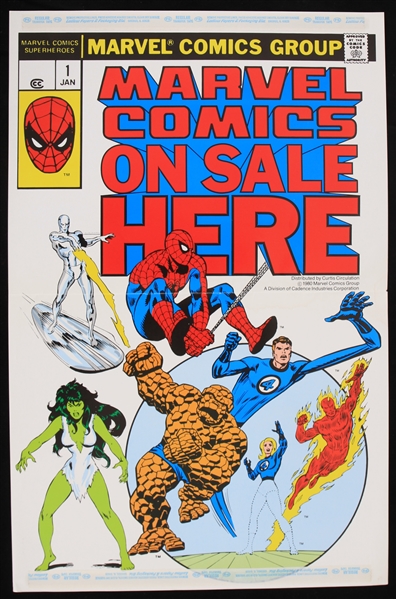 1980 Marvel Comics On Sale Here 11" x 17" Store Poster w/ Spiderman, Silver Surfer, Fantastic Four