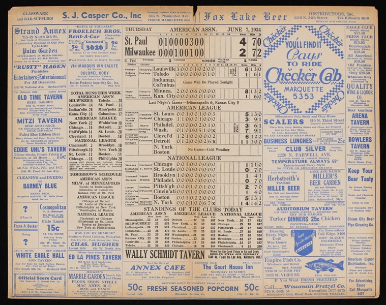 1934 Wally Schmidt Tavern Placemat w/ American Association, American League & National League Scoreboard