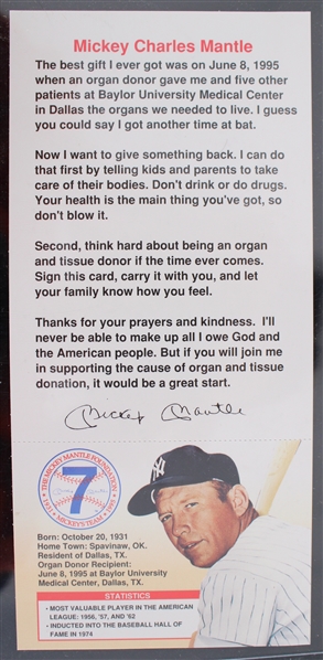 1980s Mickey Mantle "Join Mickeys Team" 3.5"x7.5" Organ Donation Card 