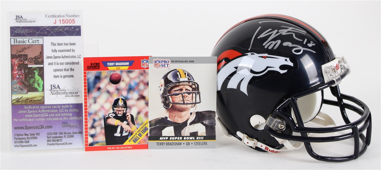 1989-90 Peyton Manning Denver Broncos Signed Mini Helmet w/ Trading Cards *JSA* 