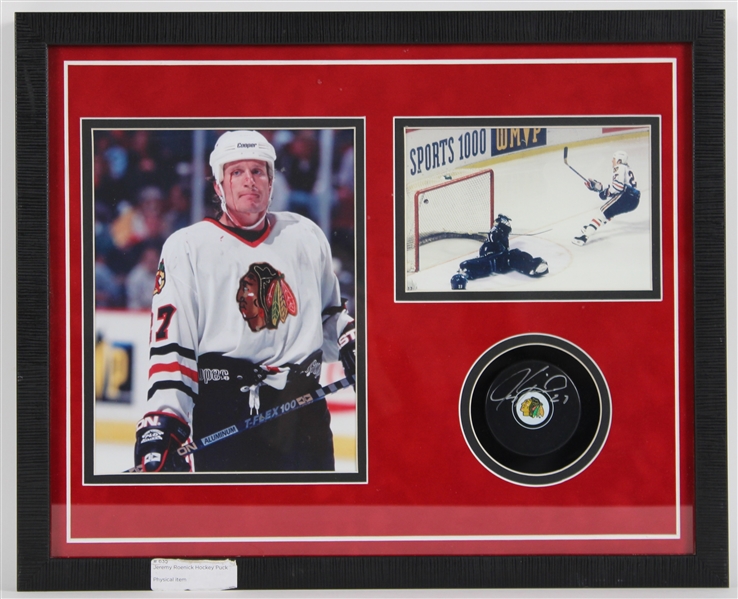 1988-96 Jeremy Roenick Chicago Blackhawks Photo & Signed Puck w/ 18"x22" Frame *JSA*