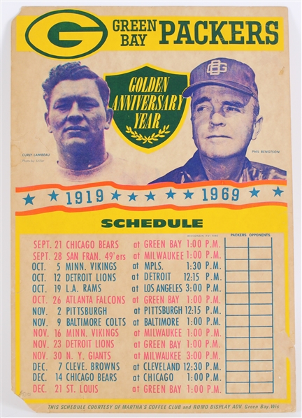 1969 Green Bay Packers 13.5"x19.5" Golden Anniversary Year Schedule 