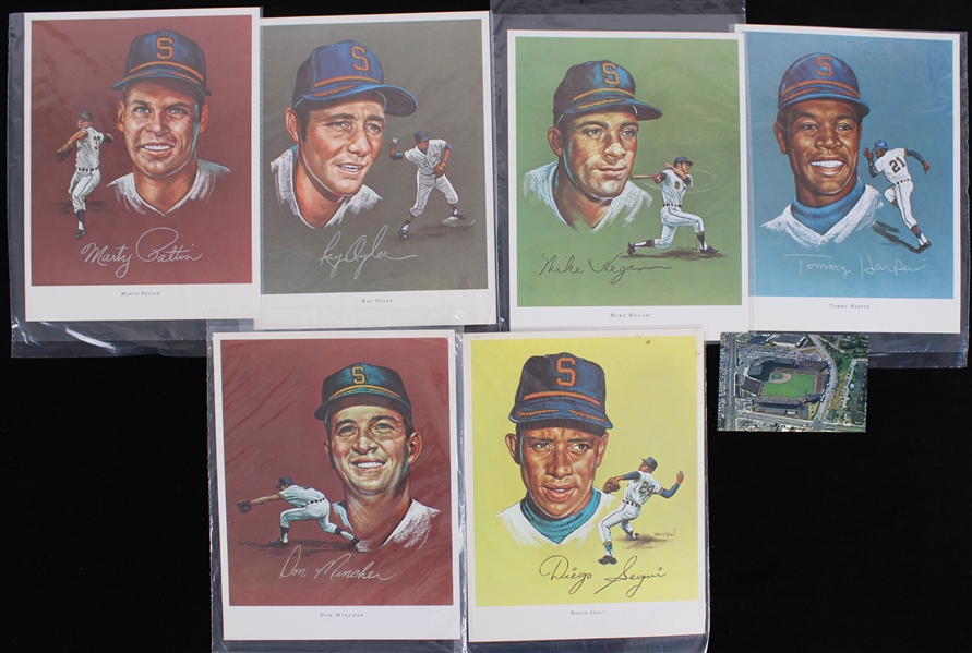 1969 Seattle Pilots 8"x10" Sportraits by John Wheeldon w/ Sicks Stadium Postcard (Lot of 7)
