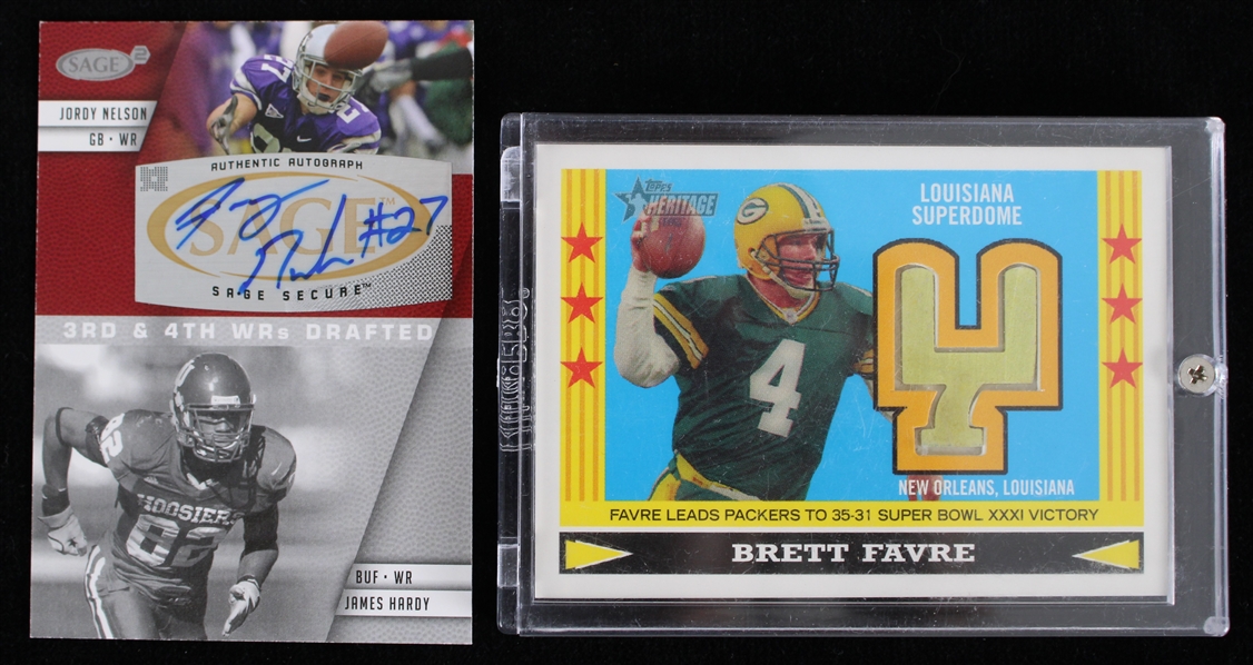 2005-08 Jordy Nelson Signed Sage Card w/ Brett Favre Topps Heritage Card (Lot of 2)