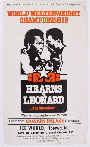 1981 Sugar Ray Leonard vs Thomas Hearns Caesars Palace Vegas 14"x24" Broadside Onsite Poster