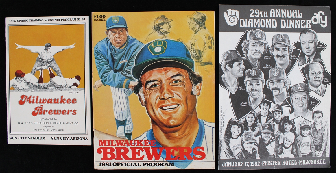 1981-85 Milwaukee Brewers Programs & Pfister Diamond Dinner (Bud Lea Collection)(Lot of 3)