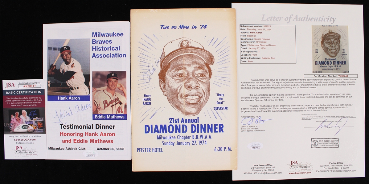 1974 & 2003 Hank Aaron Milwaukee Braves Signed Dinner Programs (Bud Lea Collection) *JSA* 