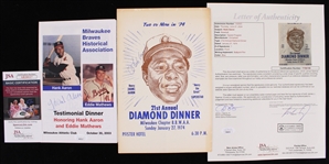 1974 & 2003 Hank Aaron Milwaukee Braves Signed Dinner Programs (Bud Lea Collection) *JSA* 