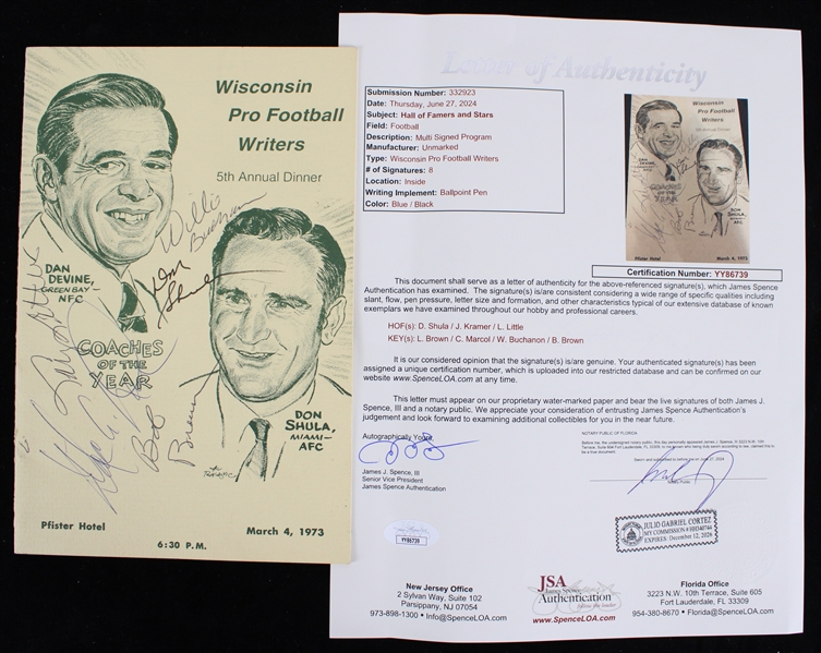 1973 Jerry Kramer, Larry Brown & more Multi Signed WI Pro Football Writers Dinner Program (Bud Lea Collection) *JSA* 