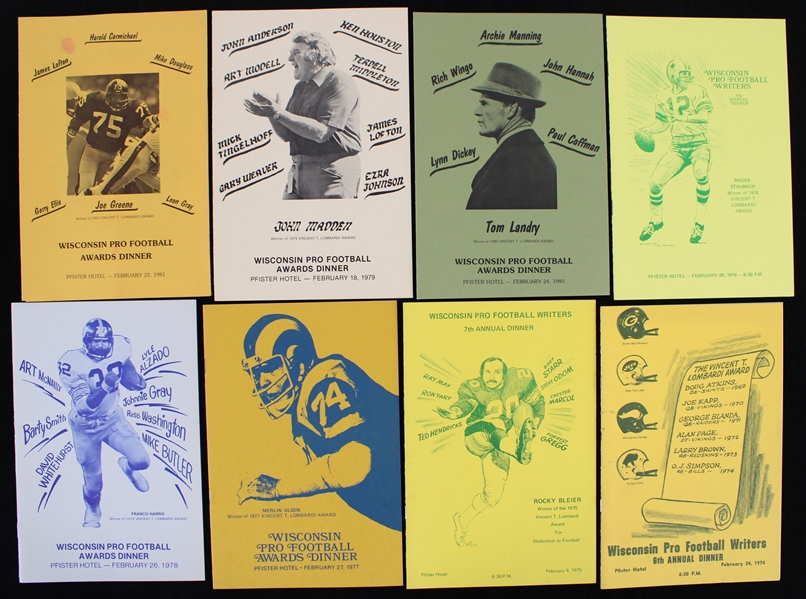 1969-80 Wisconsin Pro Football Dinner & MLB Diamond Dinner Programs (Bud Lea Collection)(Lot of 19) 