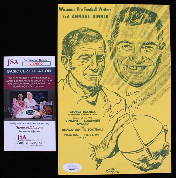 1971 George Blanda Oakland Raiders Signed WI Pro Football Dinner Program (Bud Lea Collection) *JSA* 