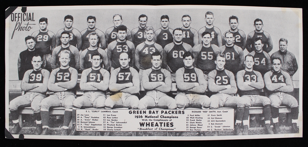1936 Green Bay Packers Wheaties 4.5"x10.5" Team Photo