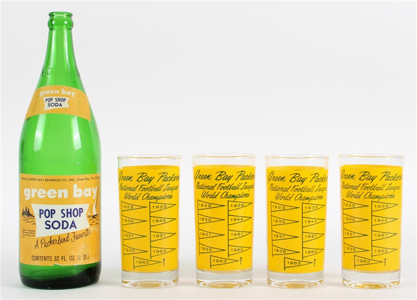 1960s Green Bay Packers Glassware & Pop Shop Soda Bottle (Lot of 5)