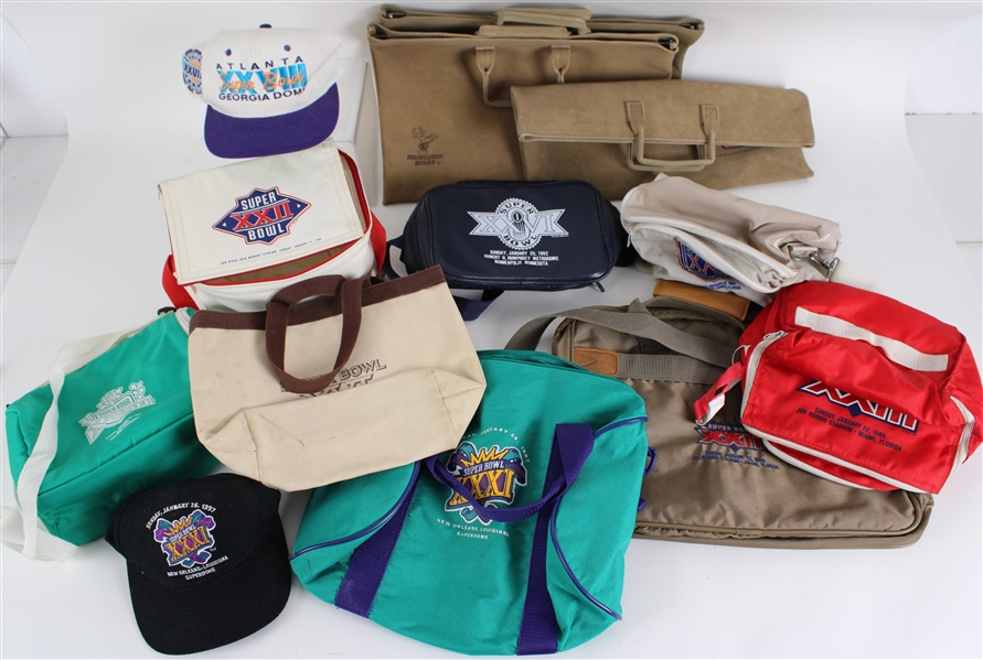 1990s Super Bowl & NBA Souvenir Bags & Caps (Bud Lea Collection)(Lot of 12)