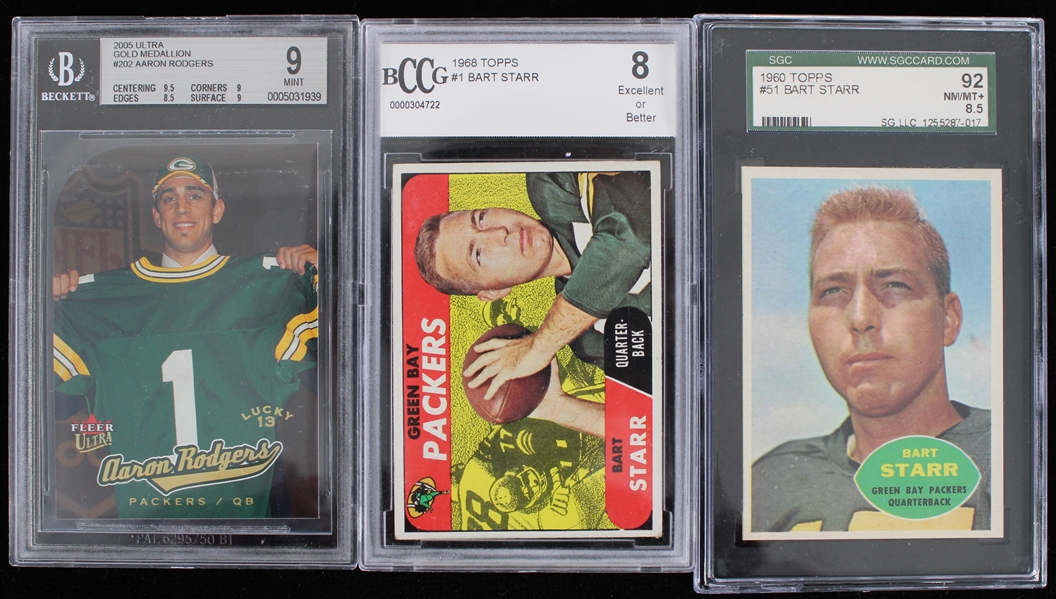 1960-2005 Bart Starr & Aaron Rodgers Trading Cards (Beckett & SGC Slabbed)(Lot of 3)