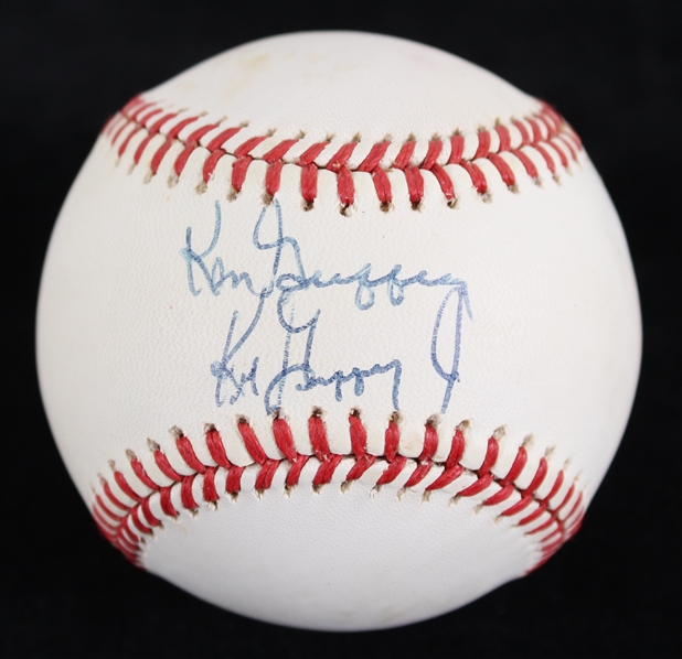 1984-94 Ken Griffey Jr & Senior Signed OAL Brown Baseball (JSA) 