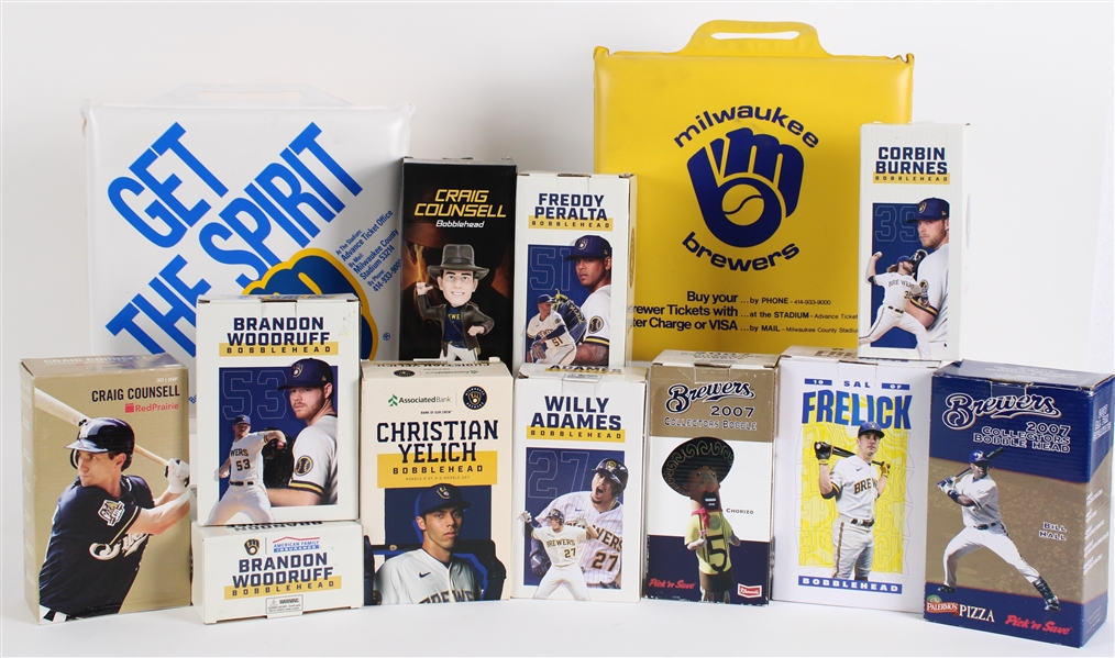 1980s-2000s Milwaukee Brewers Seat Cushions & Bobble Heads (Lot of 13)