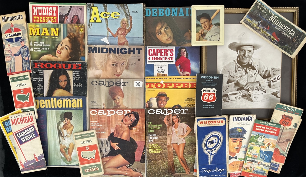 1950s-60s Gene Autry Wheaties 14"x17" Framed Ad, Mens Magazines, Motor Oil Maps (Lot of 30)